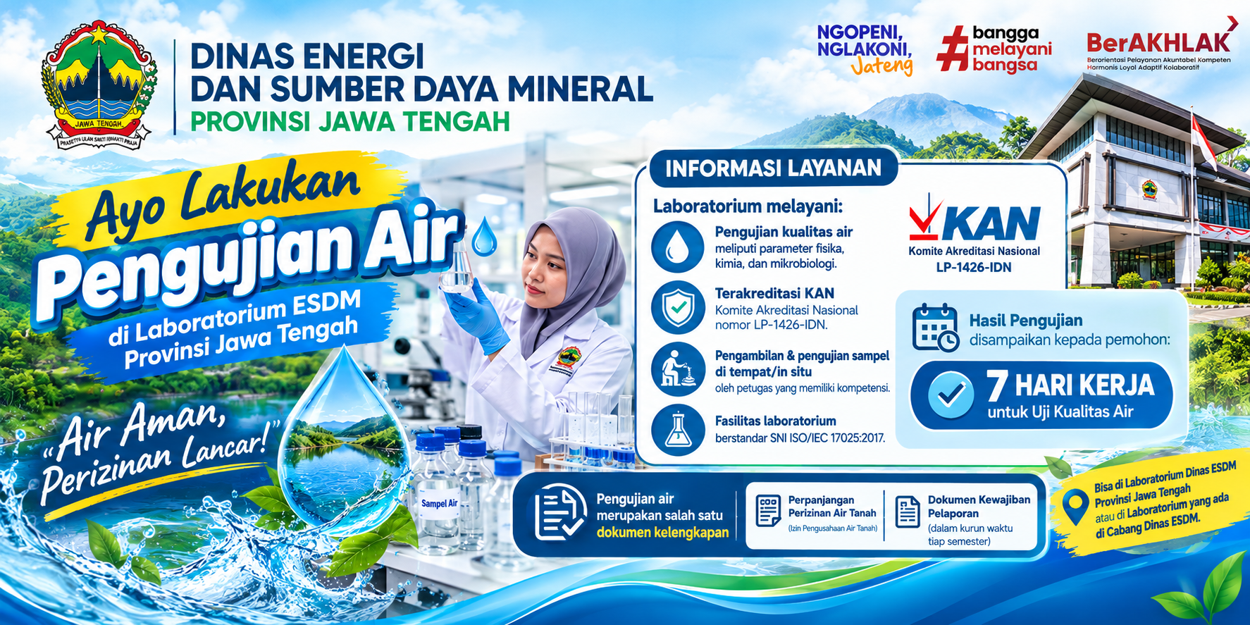 Pengujian air di Laboratorium ESDM Provinsi Jawa Tengah: fisika, kimia, dan mikrobiologi; terakreditasi KAN LP-1426-IDN; hasil uji 7 hari kerja.